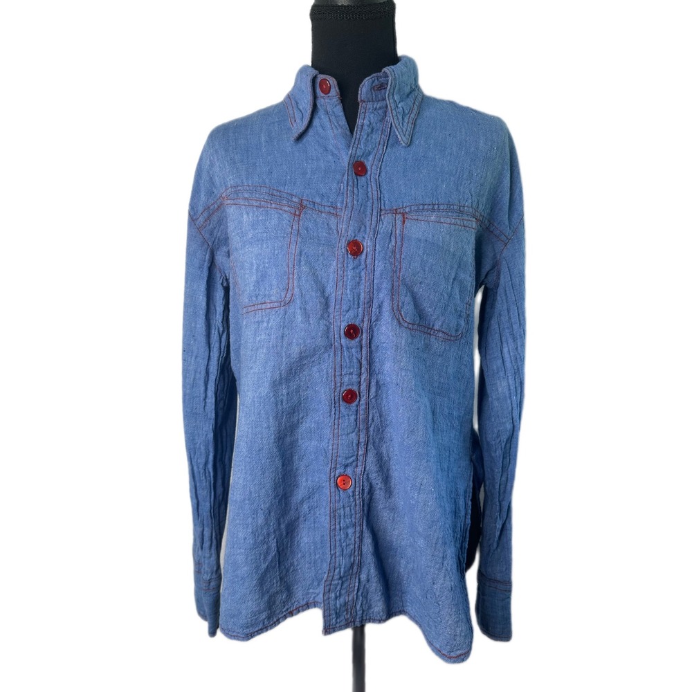 Vintage Blue Chambray Western Shirt Red Contrast Stitch Button Down Women Medium